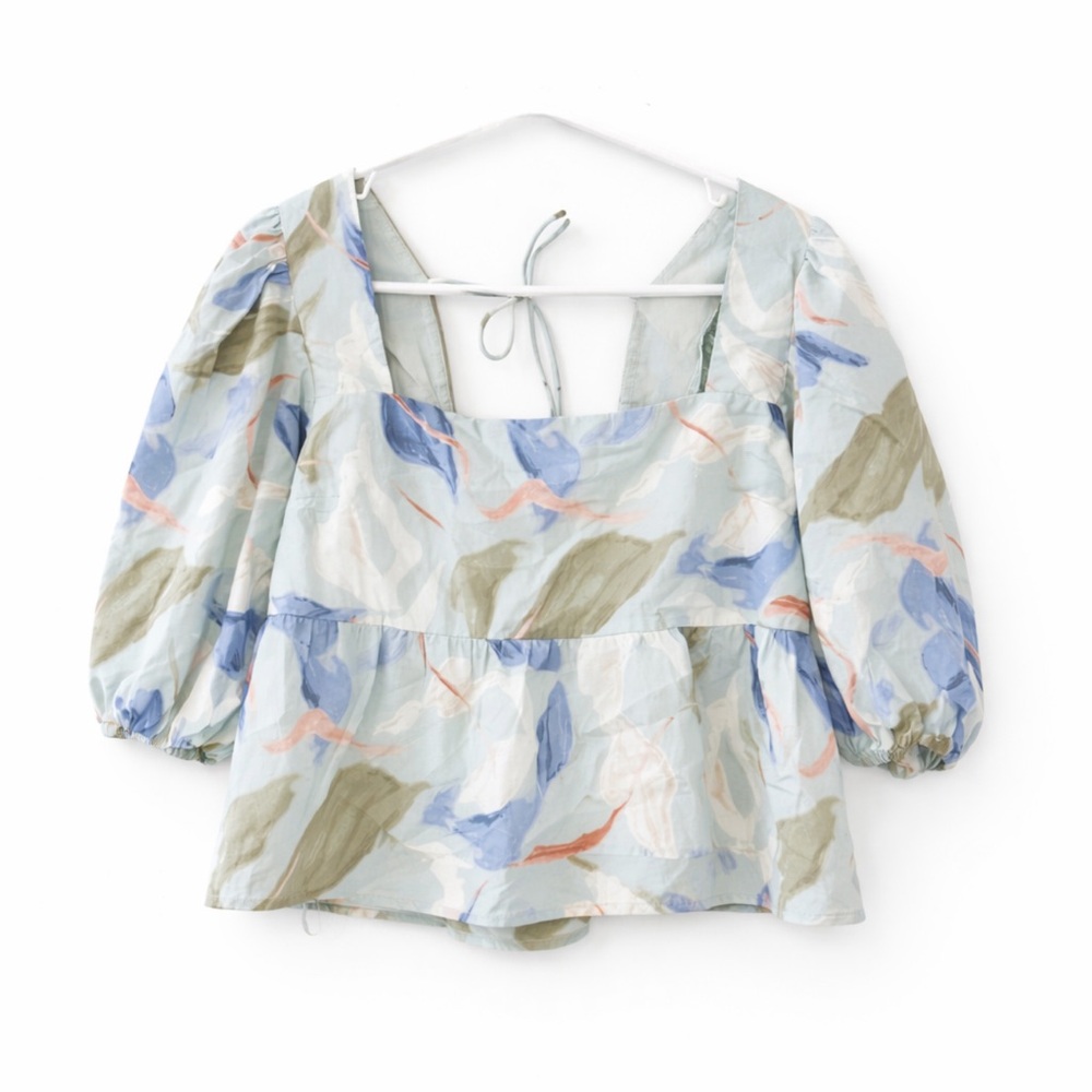 Abercrombie & Fitch Square-Neck Peplum Top in Light Blue Painterly Print large